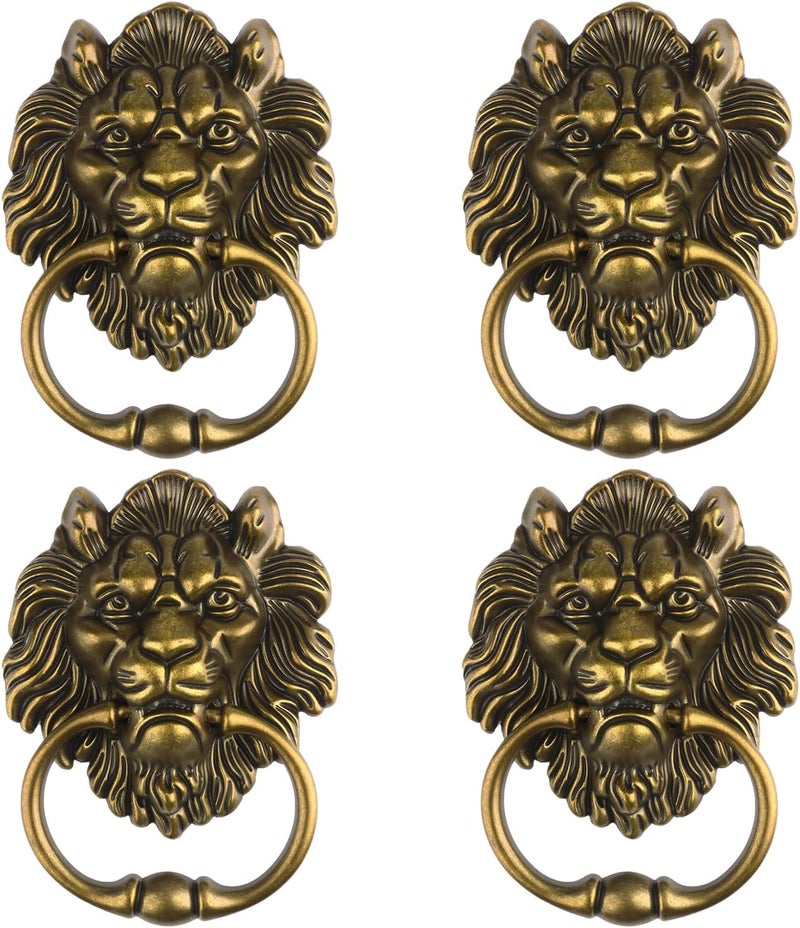 GENHAKON 4 PCS 6.3 Inch Classical Lion Door Knocker, Antique Bronze Lion Door Handle Classical Cabinet Ring Knob Matte Antique Bronze Hardware with Screws, Euro Decorative Door Knocker - Image 1