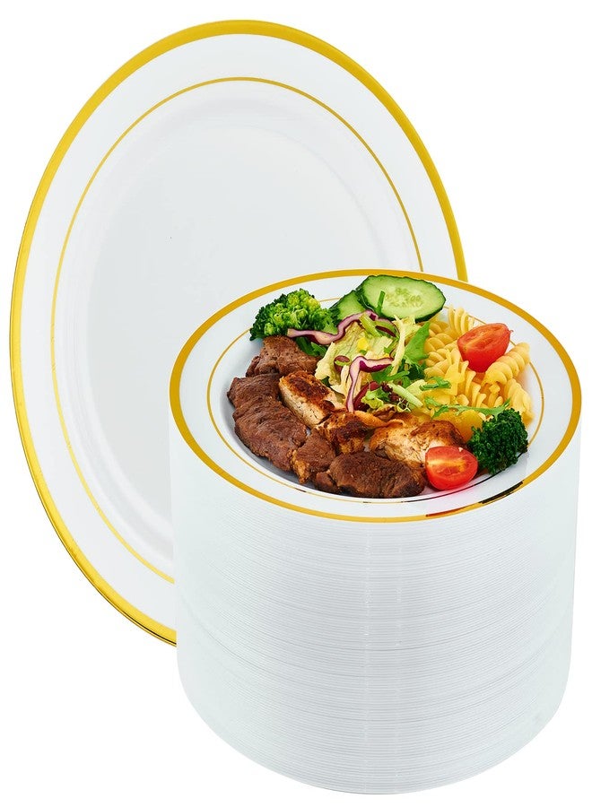 Vplus 100 Piece 10 Inch Gold Plastic Plates Disposable, Heavy Duty White Elegant Durable Dinner Plastic Party Plates with Gold Rim Perfect for Party Christmas - Image 1