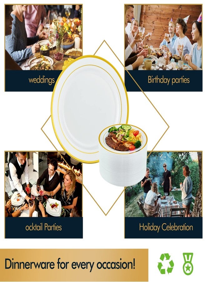Vplus 100 Piece 10 Inch Gold Plastic Plates Disposable, Heavy Duty White Elegant Durable Dinner Plastic Party Plates with Gold Rim Perfect for Party Christmas - Image 5