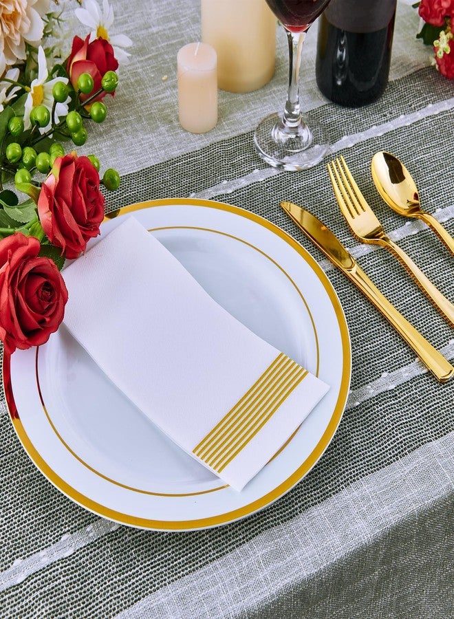 Vplus 100 Piece 10 Inch Gold Plastic Plates Disposable, Heavy Duty White Elegant Durable Dinner Plastic Party Plates with Gold Rim Perfect for Party Christmas - Image 3