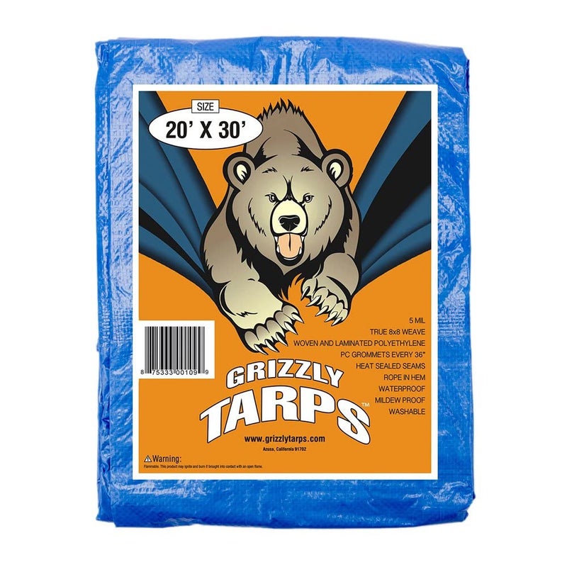 B-Air Grizzly Tarps by B-Air 20' x 30' Large Multi-Purpose Waterproof Heavy Duty Poly Tarp with Grommets Every 36", 8x8 Weave, 5 Mil Thick, for Home, Boats, Cars, Camping, Protective Cover, Blue - Image 1