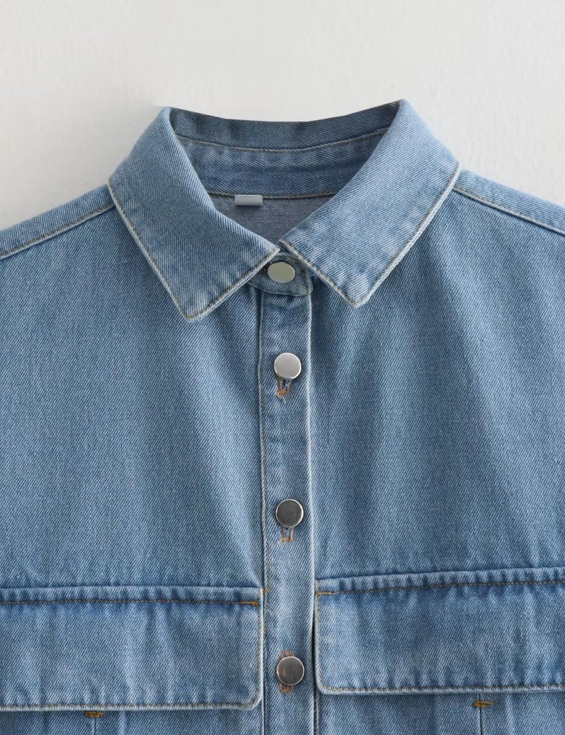 Perbai Womens Cropped Button Down Jean Shirt Summer Collared Sleeveless Loose Denim Jean Top with Pockets(Green-M) - Image 2