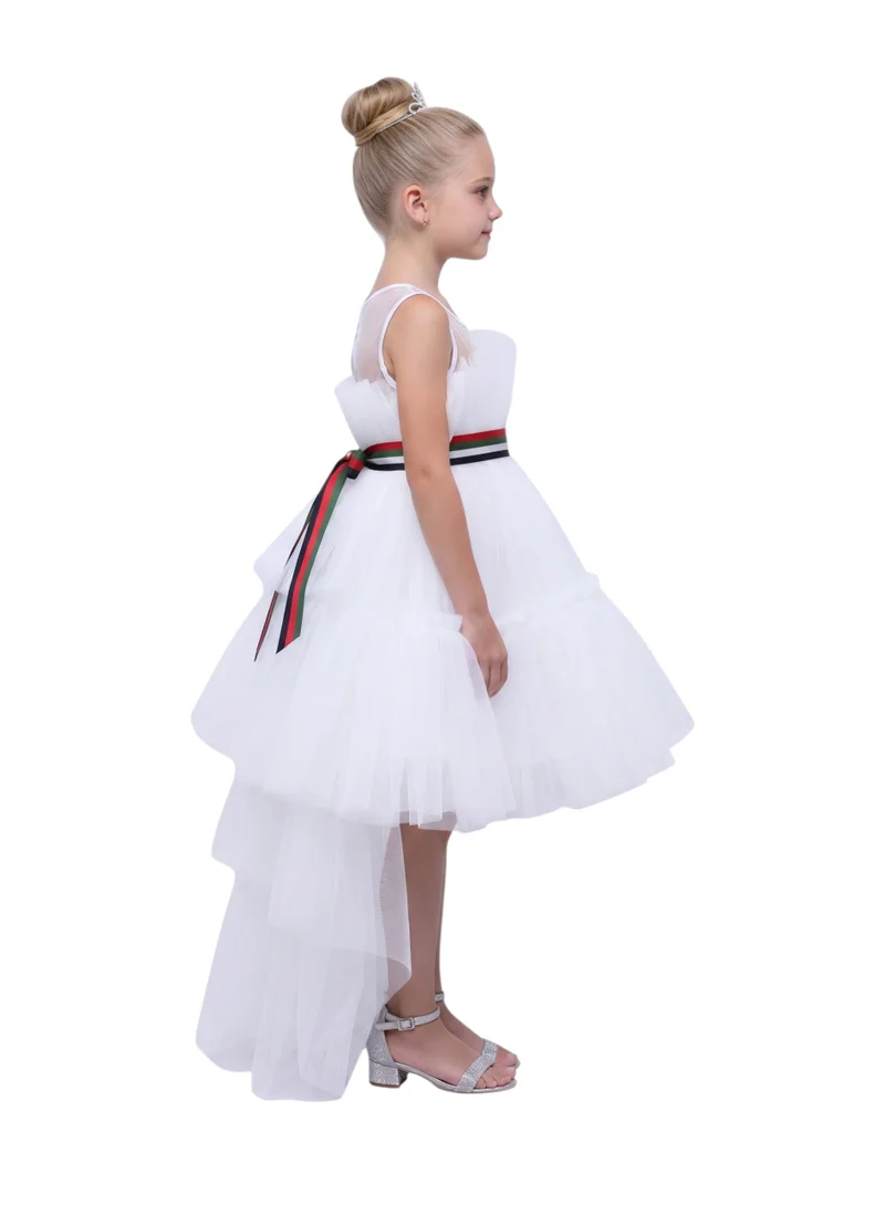بيداني Girls 2-in-1 White Hi-Low Tulle Ballgown with Removable UAE Flag Belt