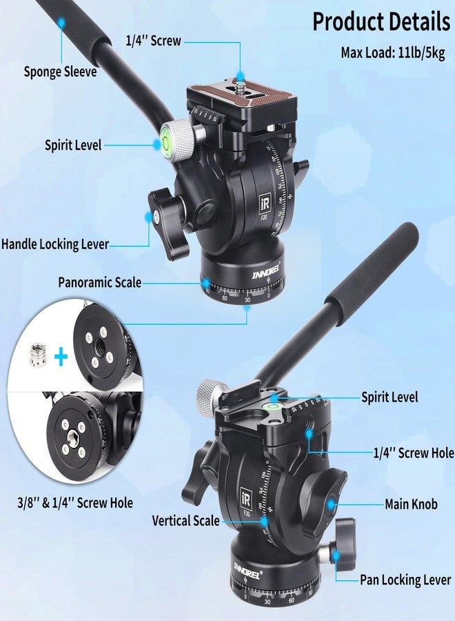 INNOREL F20 Fluid Head,Tripod Pan Tilting Head Mini Pan Metal Camera Video Tripod Head with 2 Arca Swiss Quick Release Plates, Handle, Magic Arm & Phone Clip for Video DSLR Cameras, Max Load 5kg/11lb - Image 2