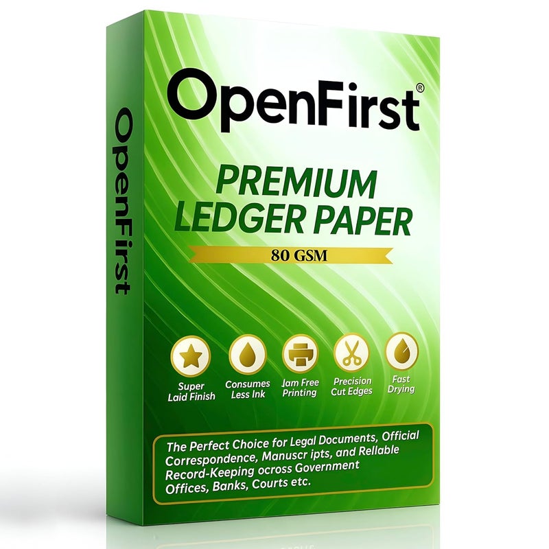 OPENFIRST ورق دفتر أخضر ® 80 جرام كلاسيك ستار بلمسة مصقولة (14x8.5 بوصة) حجم قانوني سلس ومقاوم للتجاعيد، قابل للطباعة على الوجهين للاستخدام المكتبي والقانوني والتجاري والمهني، عبوة من 100 ورقة - Image 1