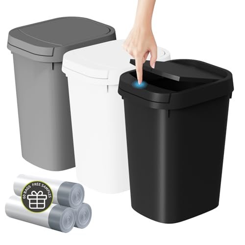 KSSKSS 3 Pack Bathroom Small Trash Can with Lid 26 Gallon Slim Garbage Bin with PopUp Lid 10L Plastic Wastebasket for Bedroom Office Kitchen Toilet Three Colors - Image 1