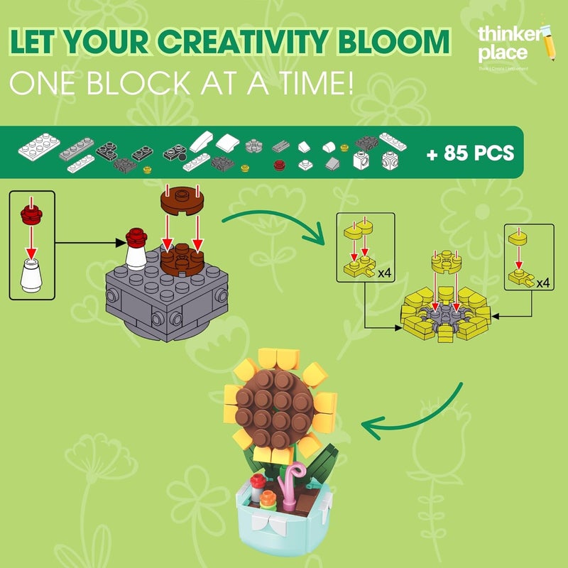 ThinkerPlace 8-in-1 Flowers Galsang Flower (85 Pieces) | Learn About Plant Kingdom | Building Block Set for Kids Age 6+ | STEM Educational Toy | Build, Collect & Create Flower Pen Stand - Image 2