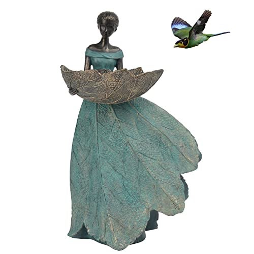 DiliComing Fairy Garden Statue Bird Feeder - 12 Inch Fairy Statue for Home Decoration, Resin Outdoor Statues for Garden Decoration, Best Bird Feeder Garden Gift for Women (Green) - Image 1