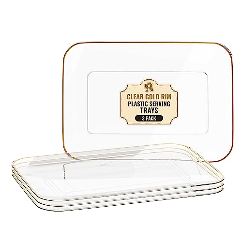 R-kay 3 Pack Plastic Serving Trays for Party - Gold Serving Tray 8 by 11 Inch - Heavy Duty Dessert Trays for Food - Rectangular Party Serving Trays for Entertaining - Premium Party Trays - Clear Platters - Image 1