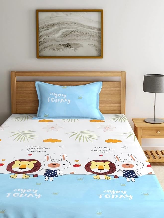 DECOMIZER Cotton Wrinkle Free Soft Hypoallergenic Bed Sheet | Cartoon Printed Single Bedsheet For Kids With One Pillow Cover (60X90 Inches/Yellow Tiger), 300 TC - Image 1