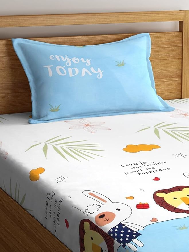 DECOMIZER Cotton Wrinkle Free Soft Hypoallergenic Bed Sheet | Cartoon Printed Single Bedsheet For Kids With One Pillow Cover (60X90 Inches/Yellow Tiger), 300 TC - Image 2