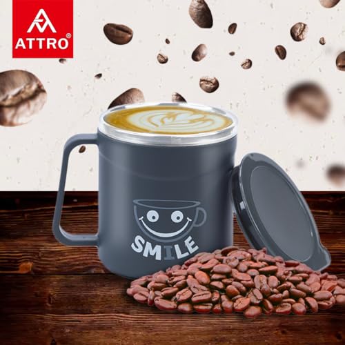ATTRO Stainless Steel Happy Mug Comes with Double Wall Inner Stainless Still & Lid Stylish Cup Ideal for Hot Coffee, Tea-Grey Set of 2, 300 ml - Image 2
