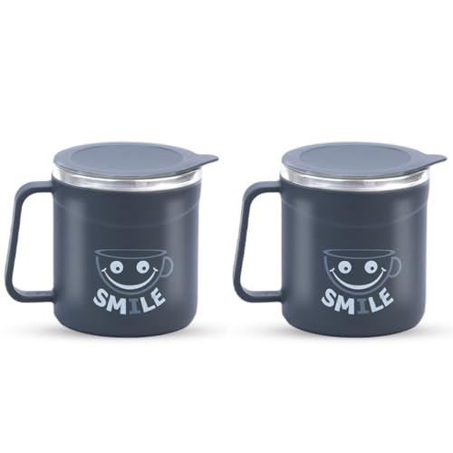 ATTRO Stainless Steel Happy Mug Comes with Double Wall Inner Stainless Still & Lid Stylish Cup Ideal for Hot Coffee, Tea-Grey Set of 2, 300 ml - Image 1