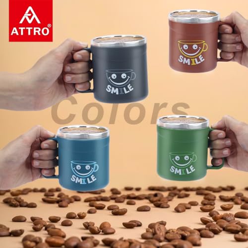 ATTRO Stainless Steel Happy Mug Comes with Double Wall Inner Stainless Still & Lid Stylish Cup Ideal for Hot Coffee, Tea-Grey Set of 2, 300 ml - Image 3