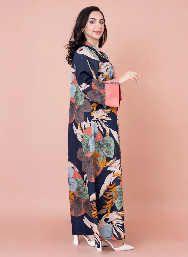 IKKXA Embroidered Leaf Blossom Jalabiya IN1032 Blue