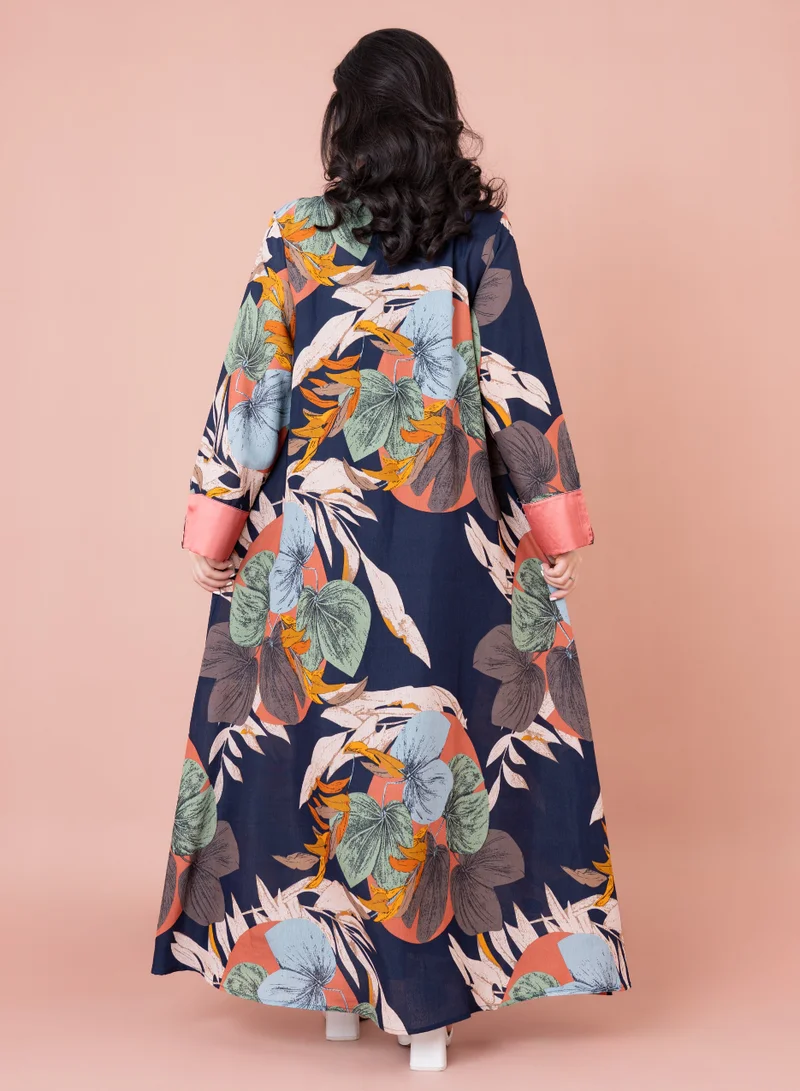 IKKXA Embroidered Leaf Blossom Jalabiya IN1032 Blue