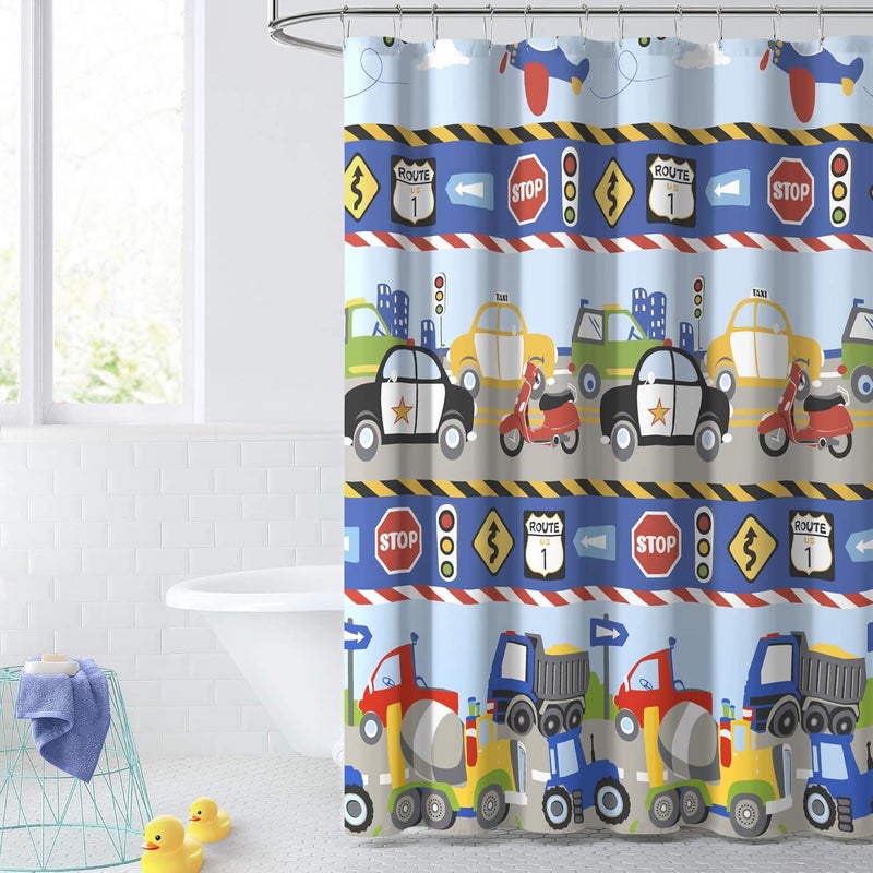 dream FACTORY Kids Fabric Shower Curtain for Bathroom, 72W x 72L, Blue Red Trains and Trucks - Image 1