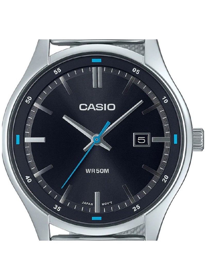 كاسيو ساعة كاسيو للرجال - انالوج مع عرض التاريخ - بمينا اسود وبسوار شبكي من الستانلس ستيل - MTP-E710M-1AVDF - Image 3