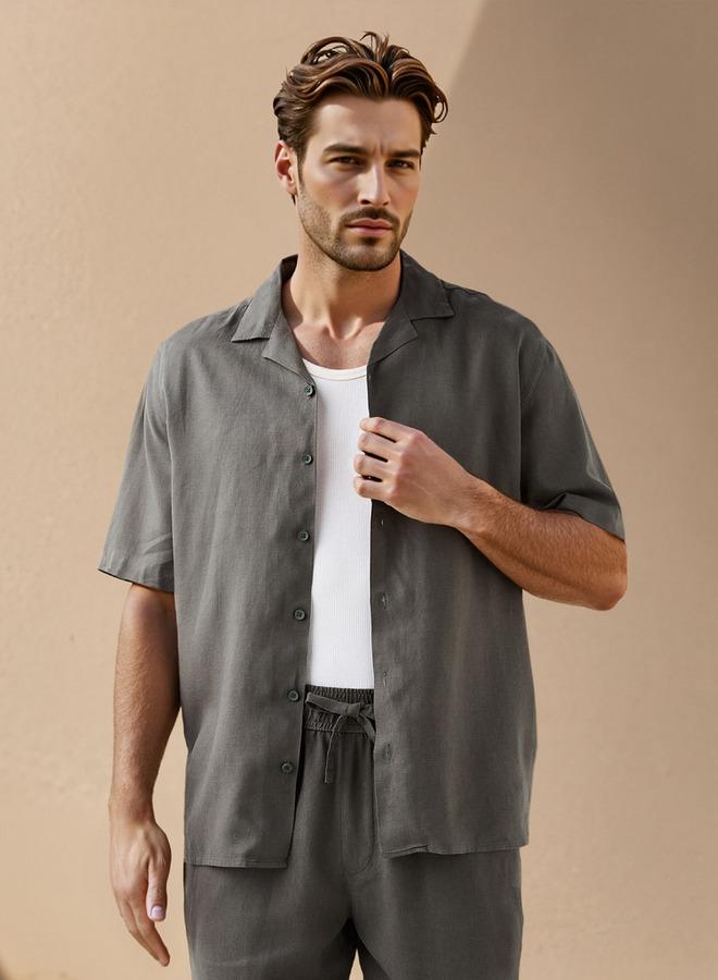 سبلاش فيڤ قميص منتجع بياقة قميص من مزيج الكتان بقصة عادية - Image 1