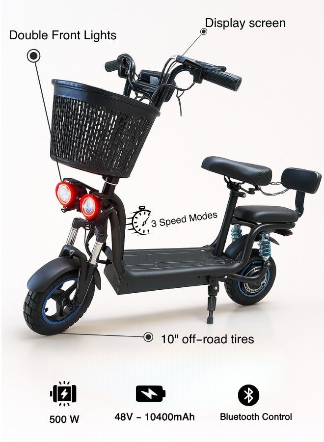 NIYAZI Electric Scooter | Electric Scooter with Extra Seat and Storage Basket | Electric Scooter for Adults | Electric Scooter with Two Seats | Foldable Electric Scooter | 48V Voltage | 500W Motor | Front and Rear Lights | Shock Absorption Suspension | Storage Bask | Extra Seat for Passenger | 10-Inch Tires - Image 2
