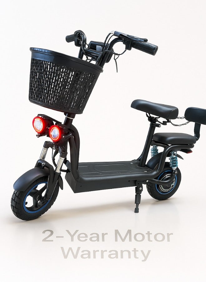 NIYAZI Electric Scooter | Electric Scooter with Extra Seat and Storage Basket | Electric Scooter for Adults | Electric Scooter with Two Seats | Foldable Electric Scooter | 48V Voltage | 500W Motor | Front and Rear Lights | Shock Absorption Suspension | Storage Bask | Extra Seat for Passenger | 10-Inch Tires - Image 2