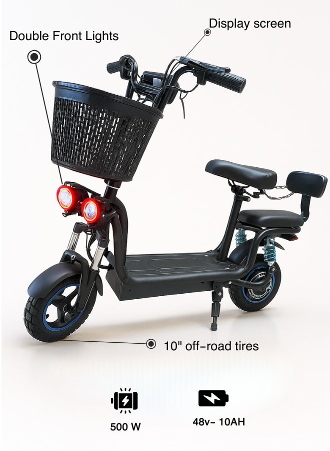 NIYAZI Electric Scooter | Electric Scooter with Extra Seat and Storage Basket | Electric Scooter for Adults | Electric Scooter with Two Seats | Foldable Electric Scooter | 48V Voltage | 500W Motor | Front and Rear Lights | Shock Absorption Suspension | Storage Bask | Extra Seat for Passenger | 10-Inch Tires - Image 1