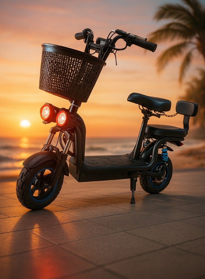 NIYAZI Electric Scooter | Electric Scooter with Extra Seat and Storage Basket | Electric Scooter for Adults | Electric Scooter with Two Seats | Foldable Electric Scooter | 48V Voltage | 500W Motor | Front and Rear Lights | Shock Absorption Suspension | Storage Bask | Extra Seat for Passenger | 10-Inch Tires - Image 4