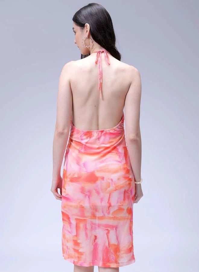 مرفوعة Women Fitted Party Wear Abstract Print Gathered Dress