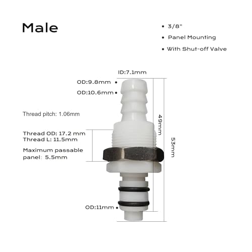BBTUS 1/4" 3/8" 5/16" Plastic In line Hose Barbed Quick Disconnect fittings, Panel Mounting Tubing Quick Connector, Bulkhead Shut Off Valve Male Female Quick Release Coupling (1 Male+ 1 Female)(3/8") - Image 3
