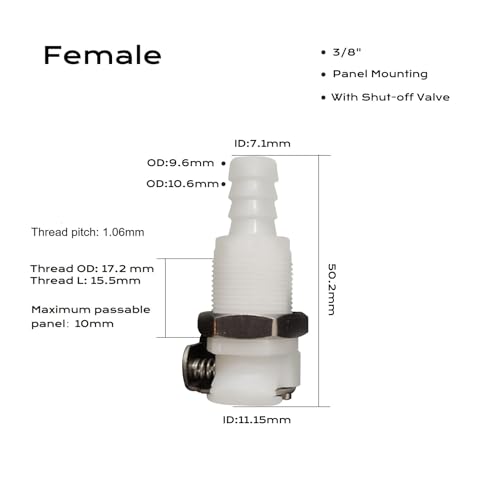 BBTUS 1/4" 3/8" 5/16" Plastic In line Hose Barbed Quick Disconnect fittings, Panel Mounting Tubing Quick Connector, Bulkhead Shut Off Valve Male Female Quick Release Coupling (1 Male+ 1 Female)(3/8") - Image 2