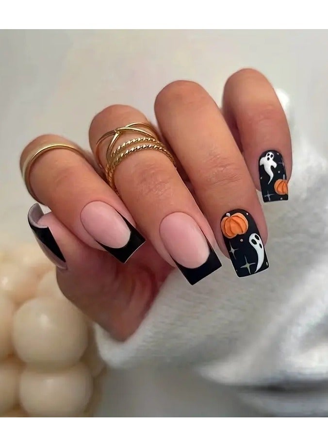 ORiTi 24 قطعة - أظافر مزيفة بتصميم موضوعي - تصميم اليقطين والشبح، وردي غير لامع، أظافر متوسطة مربعة تغطي بالكامل للنساء والفتيات - Image 1