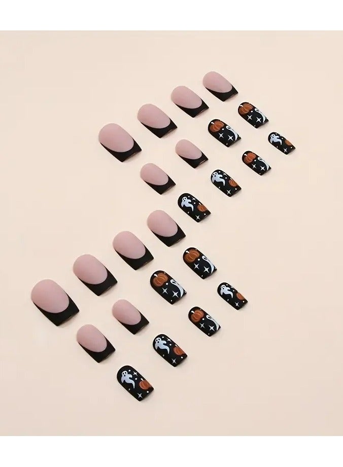 ORiTi 24 قطعة - أظافر مزيفة بتصميم موضوعي - تصميم اليقطين والشبح، وردي غير لامع، أظافر متوسطة مربعة تغطي بالكامل للنساء والفتيات - Image 5