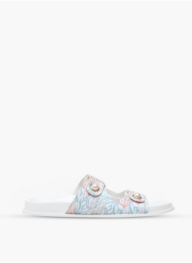 Flora Bella By Shoexpress Printed Pearl Embellished Slip-On Flat Sandals  - Image 2