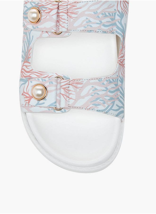 Flora Bella By Shoexpress Printed Pearl Embellished Slip-On Flat Sandals  - Image 3