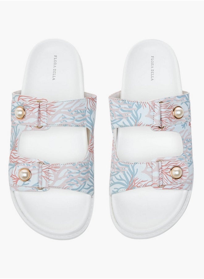 Flora Bella By Shoexpress Printed Pearl Embellished Slip-On Flat Sandals  - Image 1