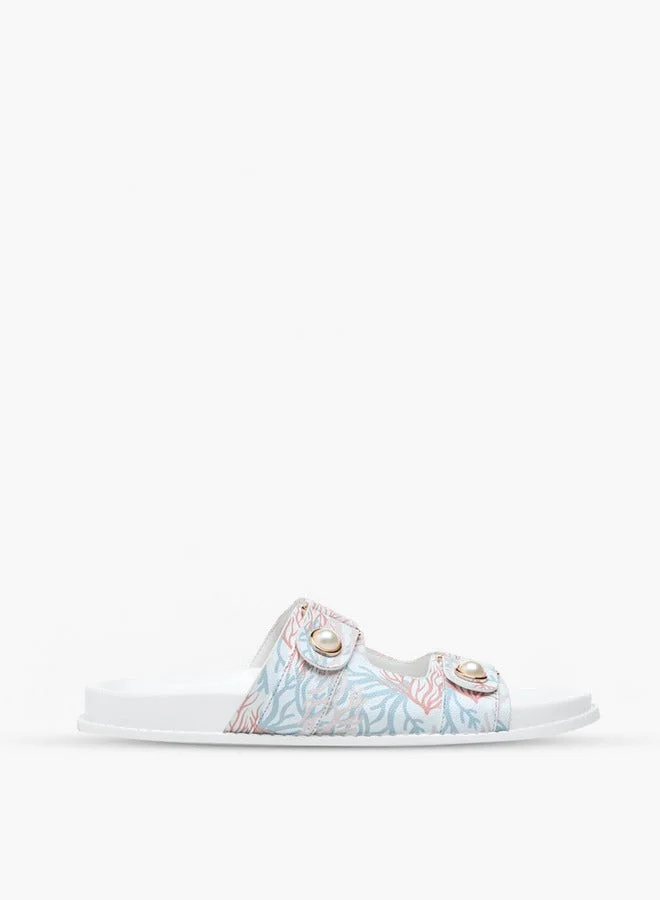 Printed Pearl Embellished Slip-On Flat Sandals