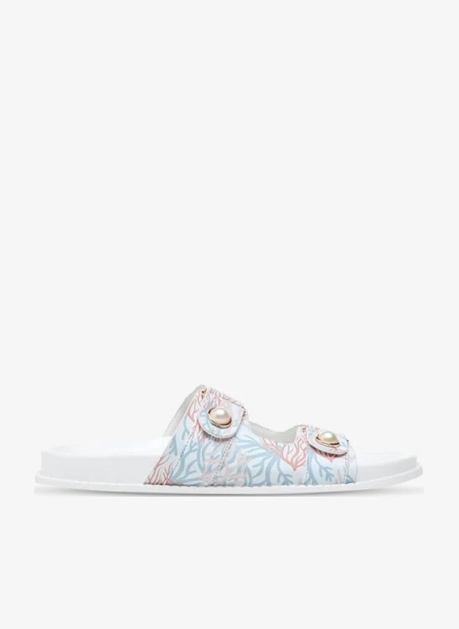 Printed Pearl Embellished Slip-On Flat Sandals