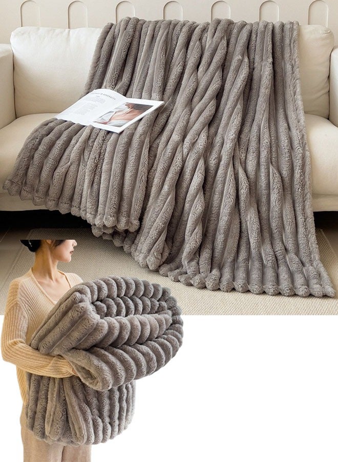 VUCATIN Faux Fur Throw Blanket for Couch Cozy Warm Plush Striped Blanket for Sofa Bedroom Living Room Grey 200*230cm - Image 1