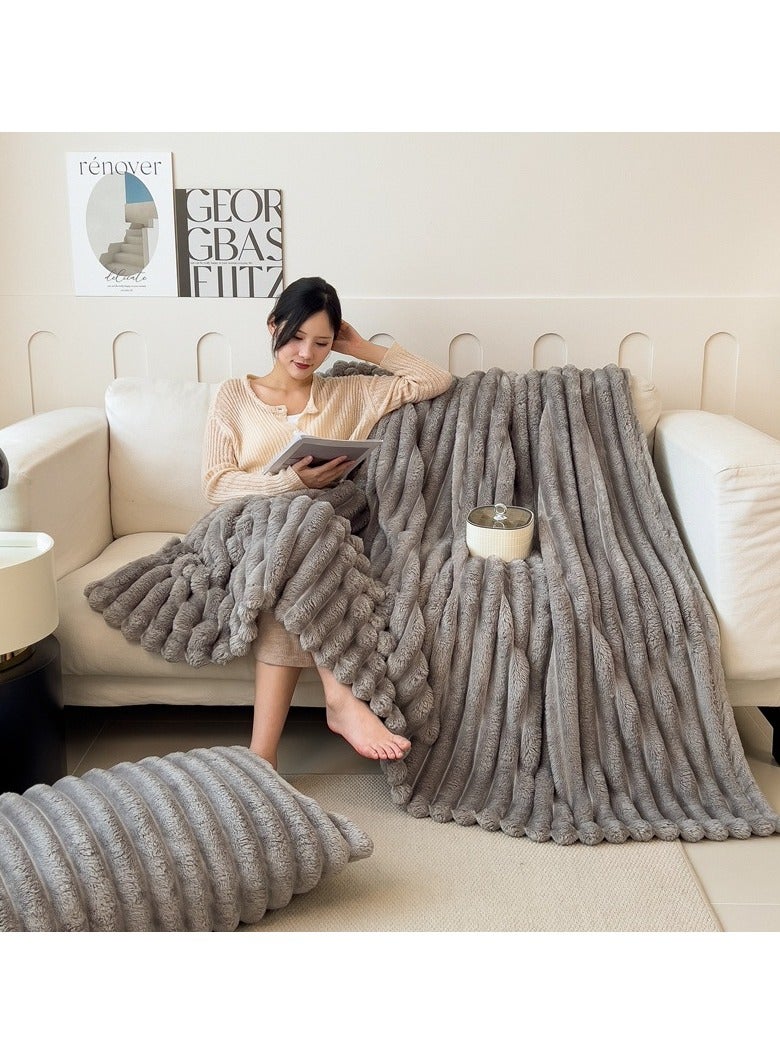 VUCATIN Faux Fur Throw Blanket for Couch Cozy Warm Plush Striped Blanket for Sofa Bedroom Living Room Grey 200*230cm - Image 3