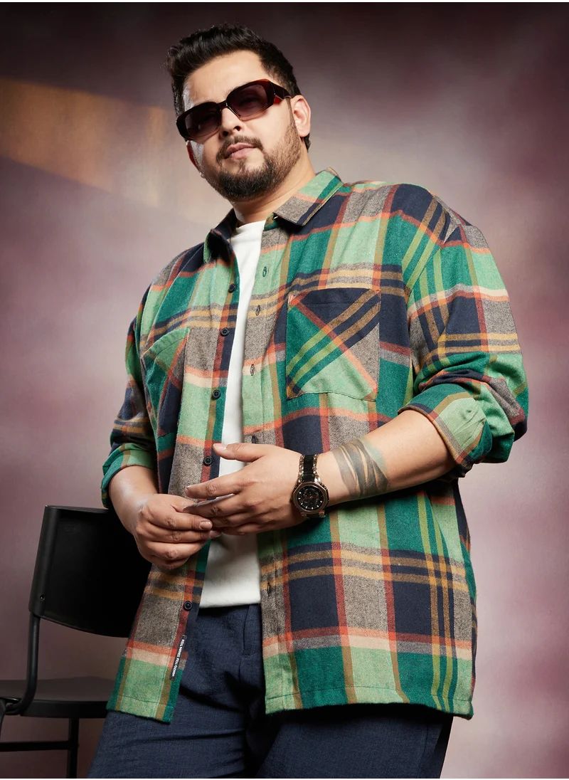 Instafab Plus Instafab Plus Men's Green & Blue Plaid-Check Utility Shacket For Casual Wear | Spread Collar | Long Sleeves | Button Closure | Plus Size Overshirt/Shacket Crafted With Comfort Fit For Everyday Wear
