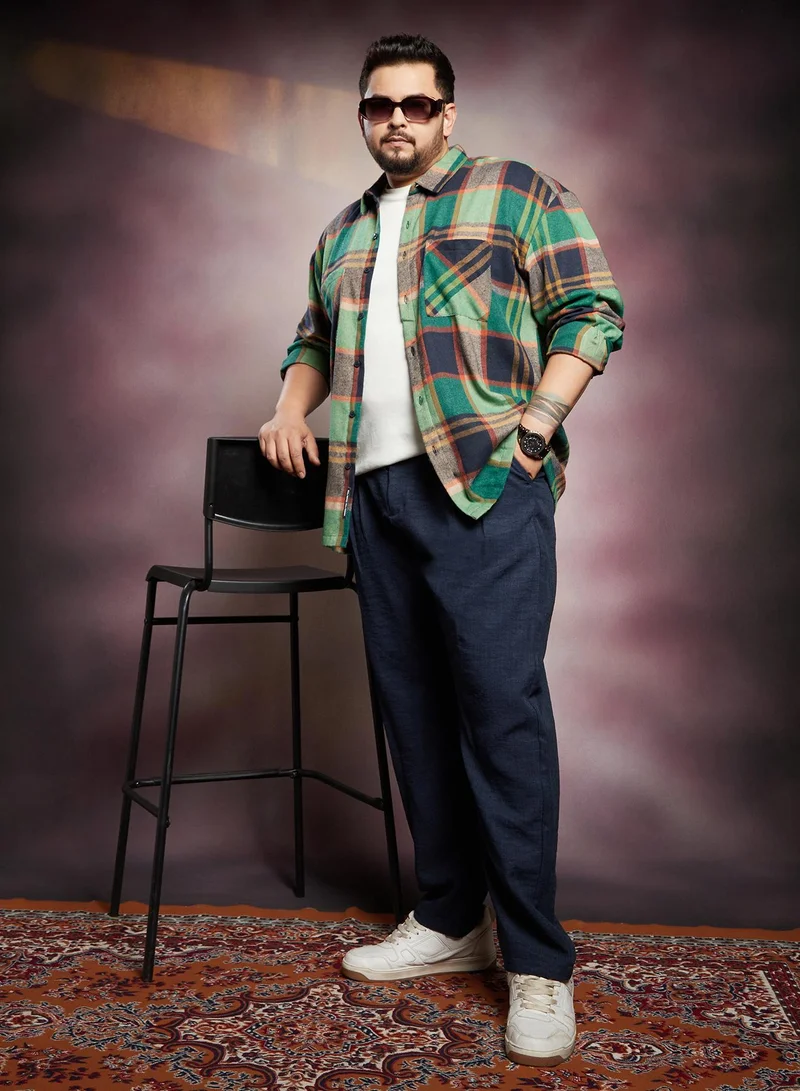 Instafab Plus Instafab Plus Men's Green & Blue Plaid-Check Utility Shacket For Casual Wear | Spread Collar | Long Sleeves | Button Closure | Plus Size Overshirt/Shacket Crafted With Comfort Fit For Everyday Wear