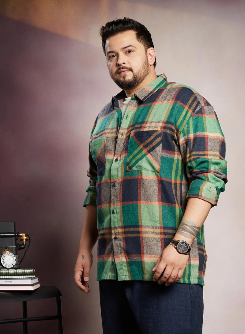 Instafab Plus Instafab Plus Men's Green & Blue Plaid-Check Utility Shacket For Casual Wear | Spread Collar | Long Sleeves | Button Closure | Plus Size Overshirt/Shacket Crafted With Comfort Fit For Everyday Wear