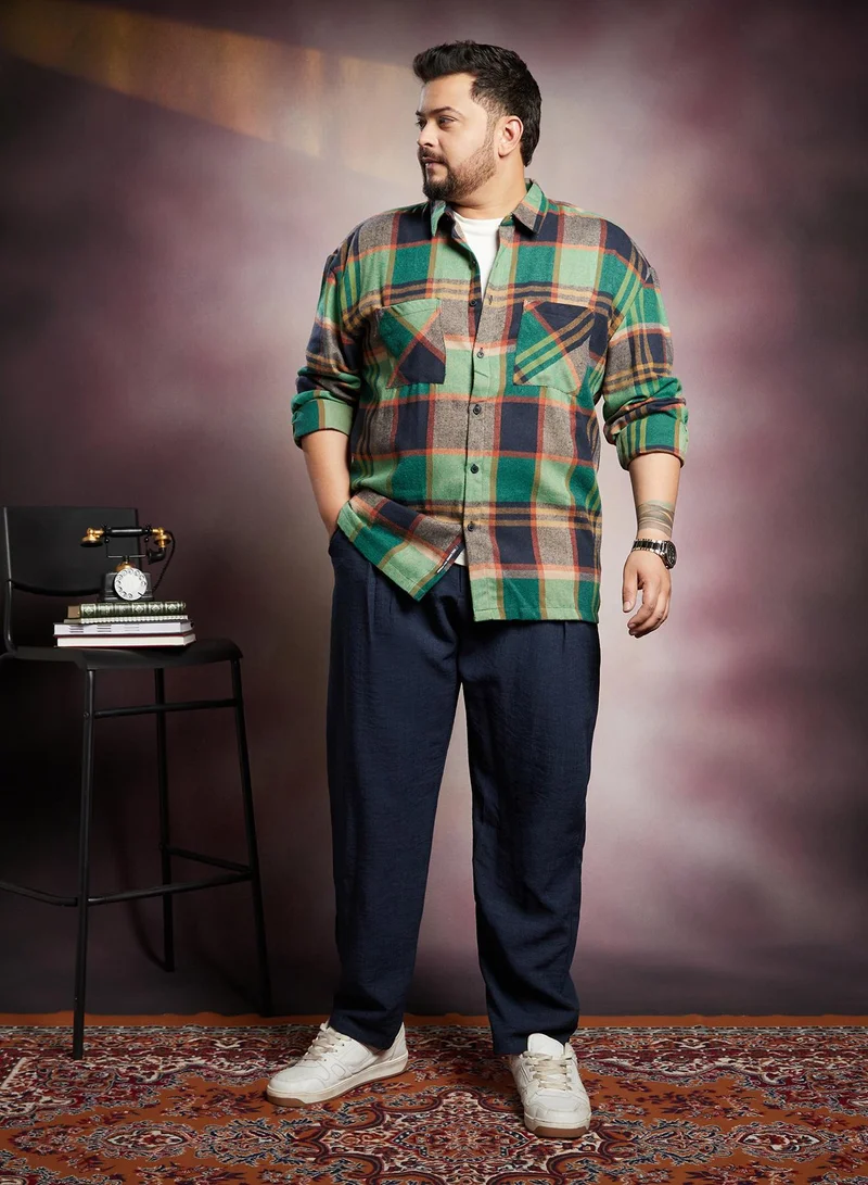 Instafab Plus Instafab Plus Men's Green & Blue Plaid-Check Utility Shacket For Casual Wear | Spread Collar | Long Sleeves | Button Closure | Plus Size Overshirt/Shacket Crafted With Comfort Fit For Everyday Wear
