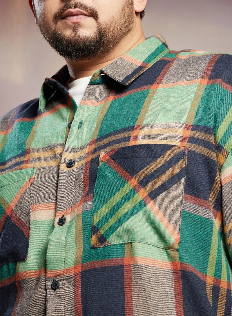 Instafab Plus Instafab Plus Men's Green & Blue Plaid-Check Utility Shacket For Casual Wear | Spread Collar | Long Sleeves | Button Closure | Plus Size Overshirt/Shacket Crafted With Comfort Fit For Everyday Wear