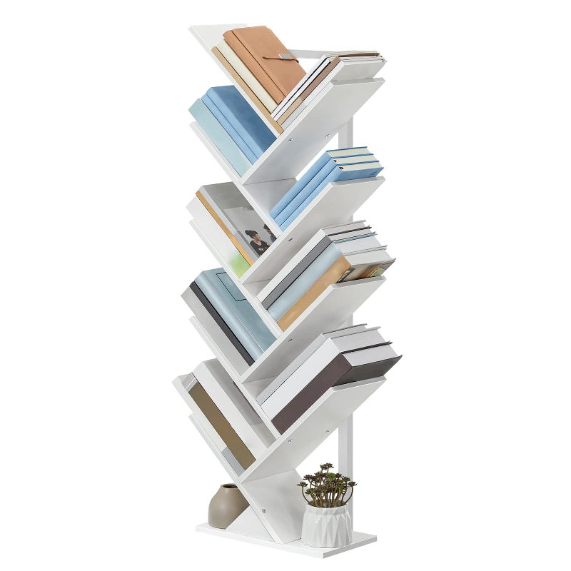 HOOBRO Tree Bookshelf 9Tier Bookcase Wooden Shelves Floor Standing Storage Rack for Display of CDs Books in Living Room Home Office Wood Storage Rack for Bedroom White WT08SJ01G1