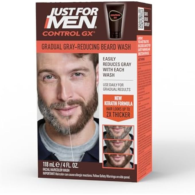 Just for Men Control GX Grey Reducing Beard Wash Shampoo with Keratin, Gradually Colors Mustache and Beard, Leaves Facial Hair Thicker Softer and Fuller, 4 Fl Oz - Pack of 1