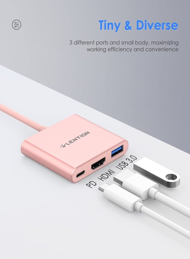 لينشن موزع LENTION 3 في 1 USB-C مع توصيل طاقة من النوع C بقوة 100 واط، ومحول USB 3.0 و4K HDMI متوافق مع MacBook Pro 2023-2016، وMac Air/Surface الجديد، والمزيد، معتمد ببرنامج تشغيل مستقر (CB-C14، ذهبي وردي) - Image 5