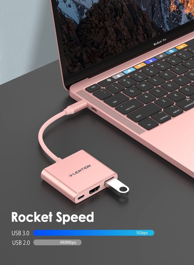 لينشن موزع LENTION 3 في 1 USB-C مع توصيل طاقة من النوع C بقوة 100 واط، ومحول USB 3.0 و4K HDMI متوافق مع MacBook Pro 2023-2016، وMac Air/Surface الجديد، والمزيد، معتمد ببرنامج تشغيل مستقر (CB-C14، ذهبي وردي) - Image 4