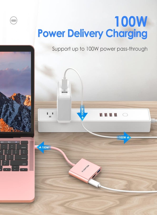 لينشن موزع LENTION 3 في 1 USB-C مع توصيل طاقة من النوع C بقوة 100 واط، ومحول USB 3.0 و4K HDMI متوافق مع MacBook Pro 2023-2016، وMac Air/Surface الجديد، والمزيد، معتمد ببرنامج تشغيل مستقر (CB-C14، ذهبي وردي) - Image 2