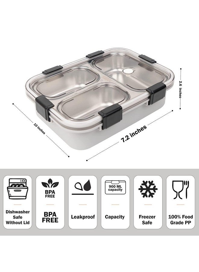 PRIME DEALS Lunch Box Sealed Leakage Proof Stainless Steel Lunch Box with Fork Chopstick&Spoon Lid Office Food Container for School Kids and Adults 750ml (Grey, 3 Compartment) - Image 3